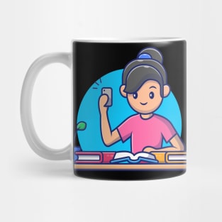 Cute girl reading book cartoon Mug